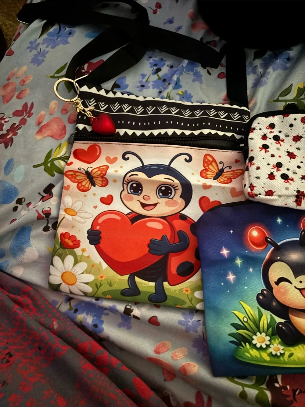 3 piece  Ladybug Crossbody Purse makeup bag and c– Red/Black Cute Cartoon Design